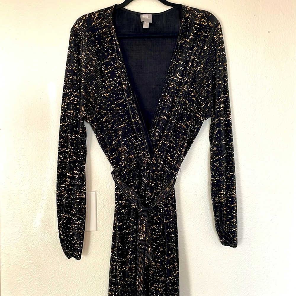 ASOS - Sz 18 - Gold & Black - Tie Waist Midi-Dress - Slinky - Faux Wrap Top